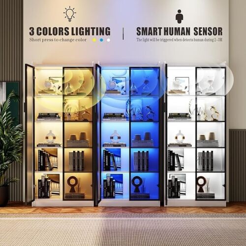 Dystler Bookcase with 2 Doors & Adjustable Shelves, Tall Storage Cabinet LED - Picture 3 of 7