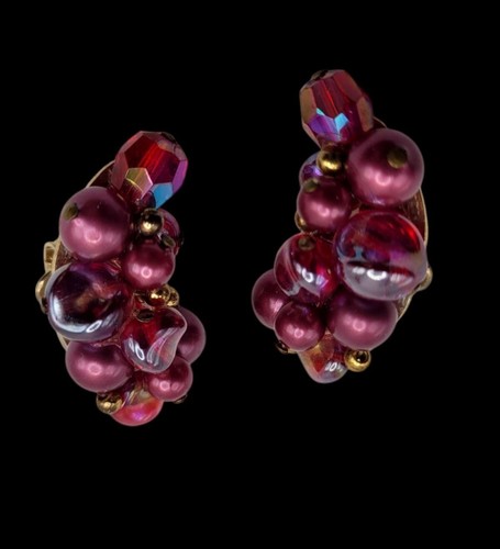 Vintage CROWN TRIFARI Magenta Glass Soap Bubble Clip Earrings Climbers - Picture 2 of 4