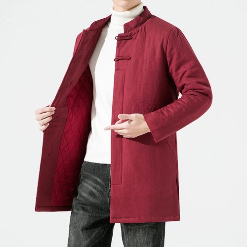 Abrigo acolchado retro de algodón y lino estilo chino con cuello alto para hombre - Imagen 11 de 13