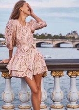 $575 LOVESHACKFANCY Pearla Bow-Detail Silk Mini Dress Size 10