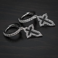 White Gold Plated Elegant Dangle Hanging Men's Cross Hoop Earrings