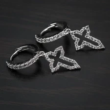 White Gold Plated Elegant Dangle Hanging Men's Cross Hoop Earrings