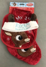Rudolph The Red Nosed Reindeer Baby 1st Christmas RED Bib Hat Stocking NEW Set