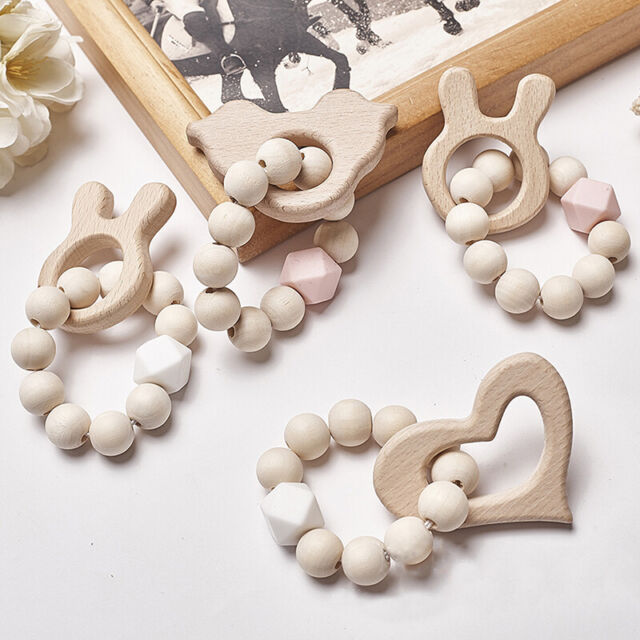 12# Wooden Rattle Beech Bear Hand Teething Ring Baby Rattles Play Stroller Toy}