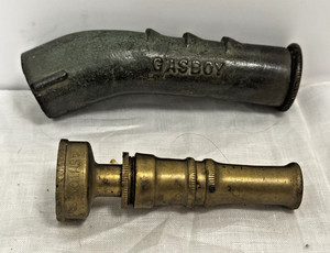 2 Antique Brass Nozzles Wm Wilson Sons Gasboy Hand Pump & Ashton Garden Hose