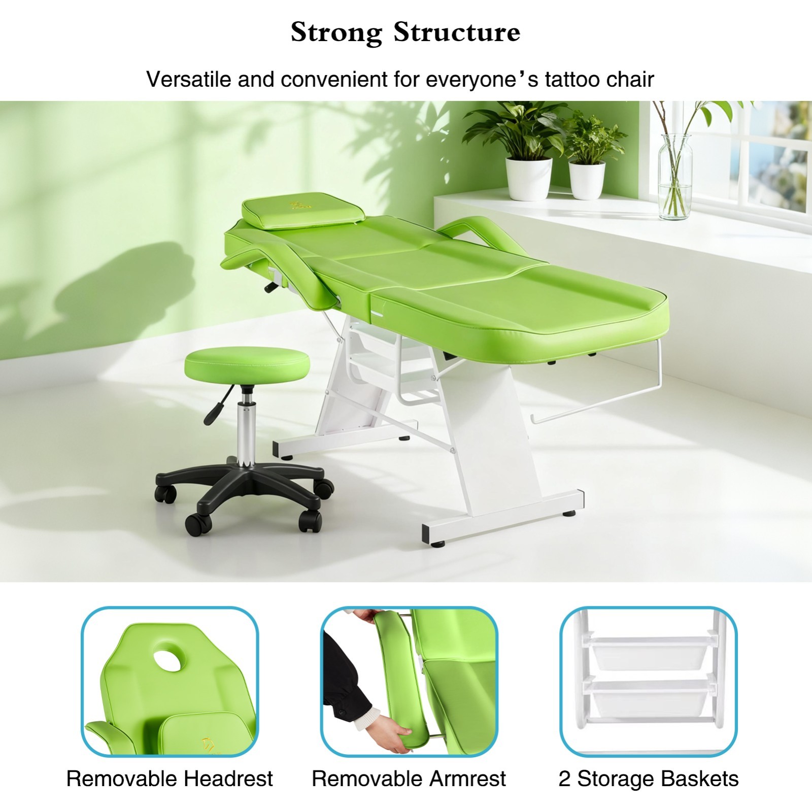 73 in Facial Chair 3-Section Adjustable Tattoo Chair with  Stool for Beauty Lash