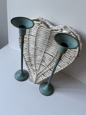 Vintage Pair Tall Green Metal Candlestick Holders Patina Rustic Home  Set of 2