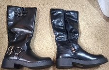 Berness Women Knee High Boots Buckle Riding Zippers Block Heel SPENCER Black PU
