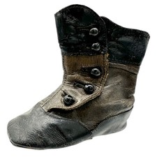 Vintage Childs Leather Button Boot Black Brown 4 Inch Antique Victorian Era Shoe