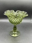 Fenton Avocado Green Ruffled Ribbon Edge Vase Art Glass Pedestal 6.5” Tall!