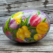 Large Purple German Nestler Paper Mache Easter Egg Container Chicks Tulips