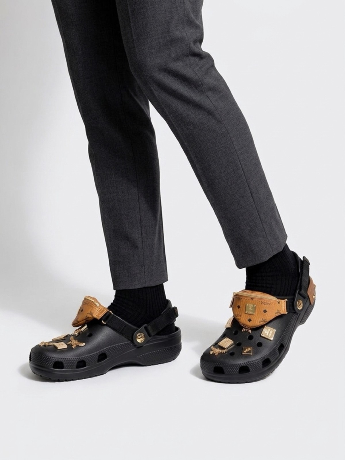 MCM x Crocs Mega Crush Clog Black Gold Studded Belt Bag Unisex image 2