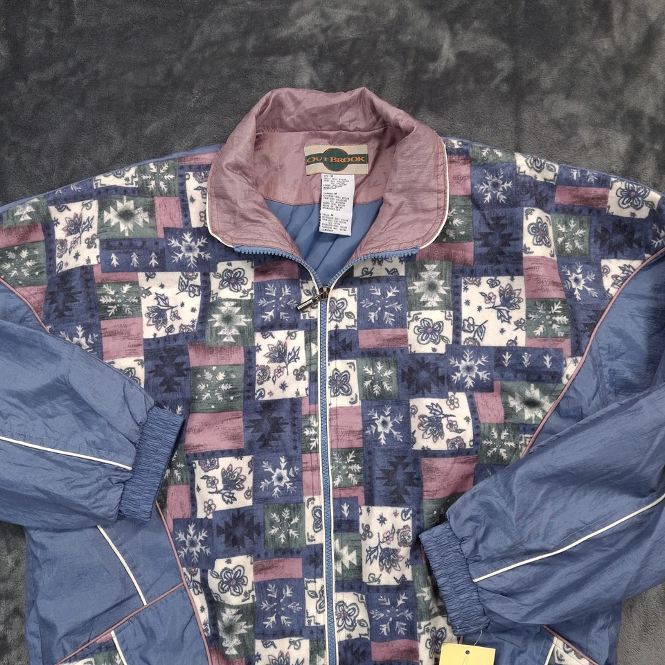 Vtg Out Brook Jacket M NWT 90s Blue Patchwork Windbreaker Made in Qatar Flaw - Image 3 of 4