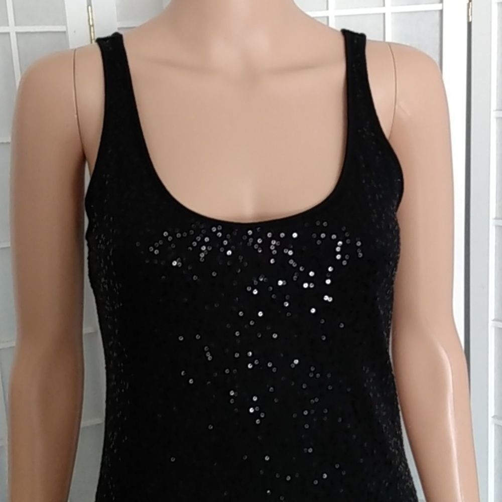 Black sequin mini Express dreamweight cotton dress - image 3