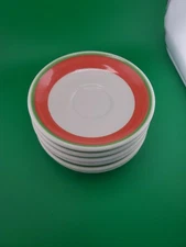 VTG Homer Laughlin China Toulon 6" Saucers, Set Of 6 Orange, Green & White Tea