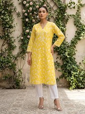 Indian Women Yellow White Cotton Floral Printed Kurta Kurti Top Trending Dress