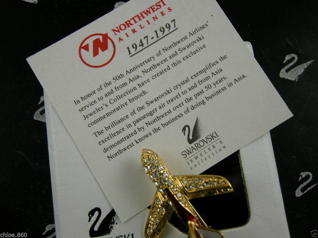 SIGNED SWAROVSKI CRYSTAL AIRPLANE PIN~BROOCH 22KT GOLD