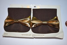VINTAGE DEAD STOCK SHOE CLIPS  BROWN FAILLE FABRIC WITH SHINY GOLD BOW TIP TOP
