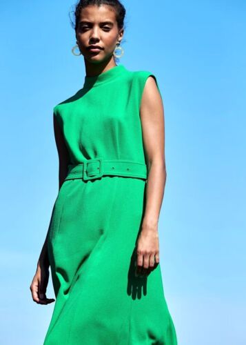 Whistles Penny Belted Dress UK 10 Green RRP 149 Crepe Sleeveless Occasion Midi - Picture 3 of 14