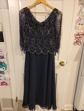 WORN ONCE J Kara Size 8P- 3/4 Sleeve Scalloped Beaded Pop Over Gown Navy