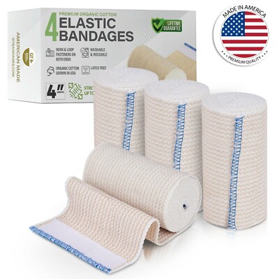 GT 4'' 4-Pack Cotton Elastic Compression Bandages Body Wrap Hook/Loop USA Made