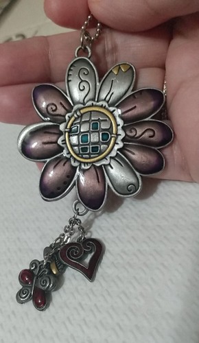 Enamel 2" Pewter Flower Keychain W Charms Heart Bee Butterfly Antique Silver EC - Picture 5 of 12