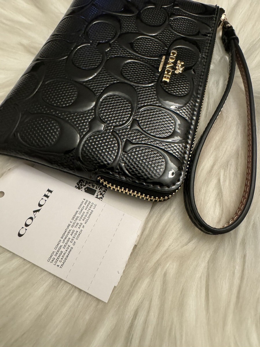 COACH CV418 Corner Zip In Signature Leather In Gold/ Black NWT