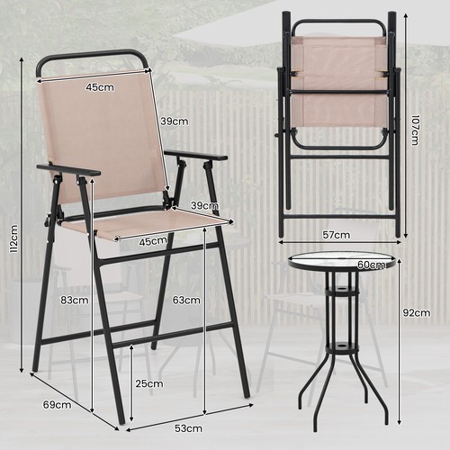 3 PCS Patio Bistro Set Folding Chairs Round Bar Table w/ 4 cm Umbrella Hole Yard - Picture 9 of 11