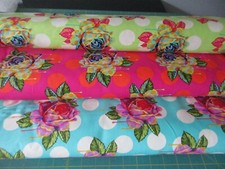 Tula Pink Cotton Fabric Lot of 3 FQ's Curiouser Painted Roses Green Pink Blue