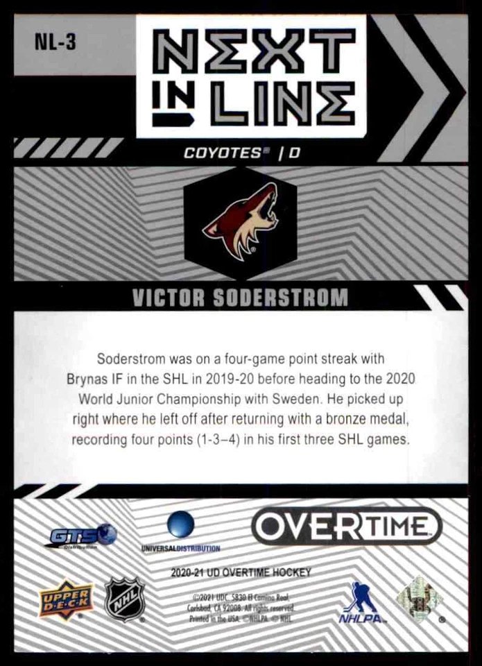 2020-21 Upper Deck Overtime Next In Line Victor Soderstrom #NL3 - Image 2 of 2
