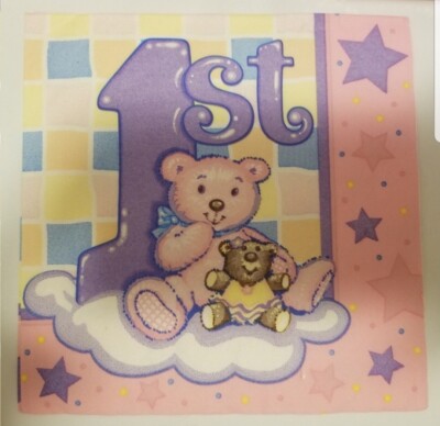 10 packs of vintage Teddy Bear First Birthday Napkins Pink Purple Super ...