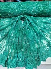 Jade Beaded Lace Fabric Embroidery Rhinestones on Lace Fabric By Yard Scalloped 