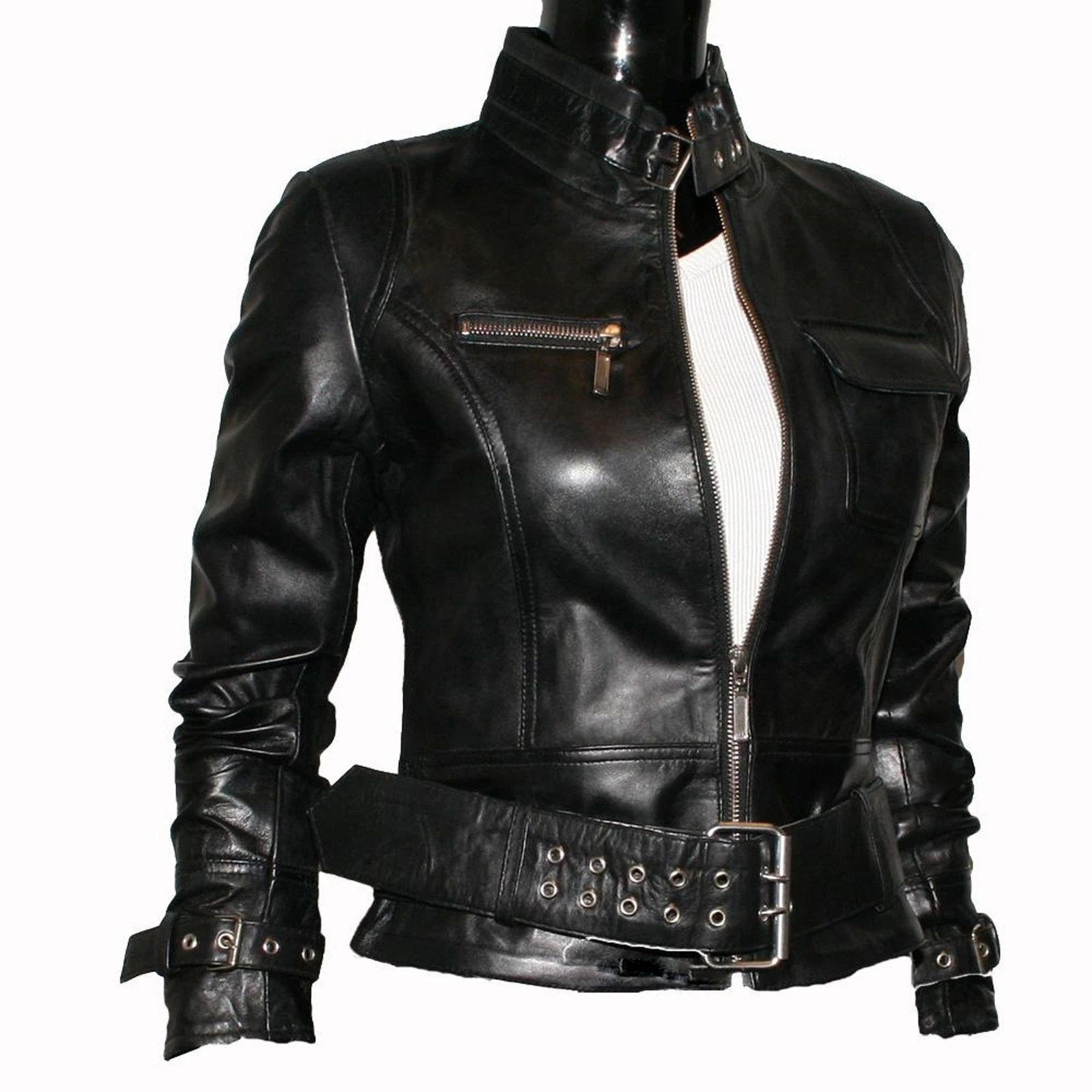 Women's Real Lambskin Leather Belted Biker Jacket Classic Motorcycle Black Coat