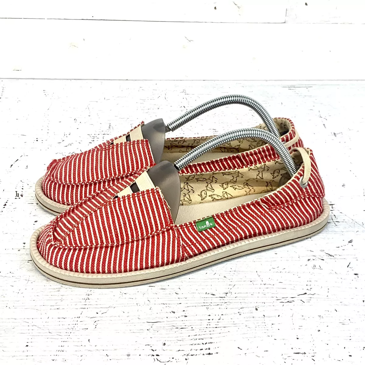 Sanuk Womens Castaway Sidewalk Surfers Red White Stripes Loafer Sandals  Shoes 10