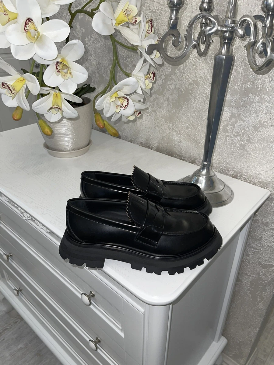 Alexander McQueen WANDER Leather Platform Black Penny Loafers Size 41 AUTH😍
