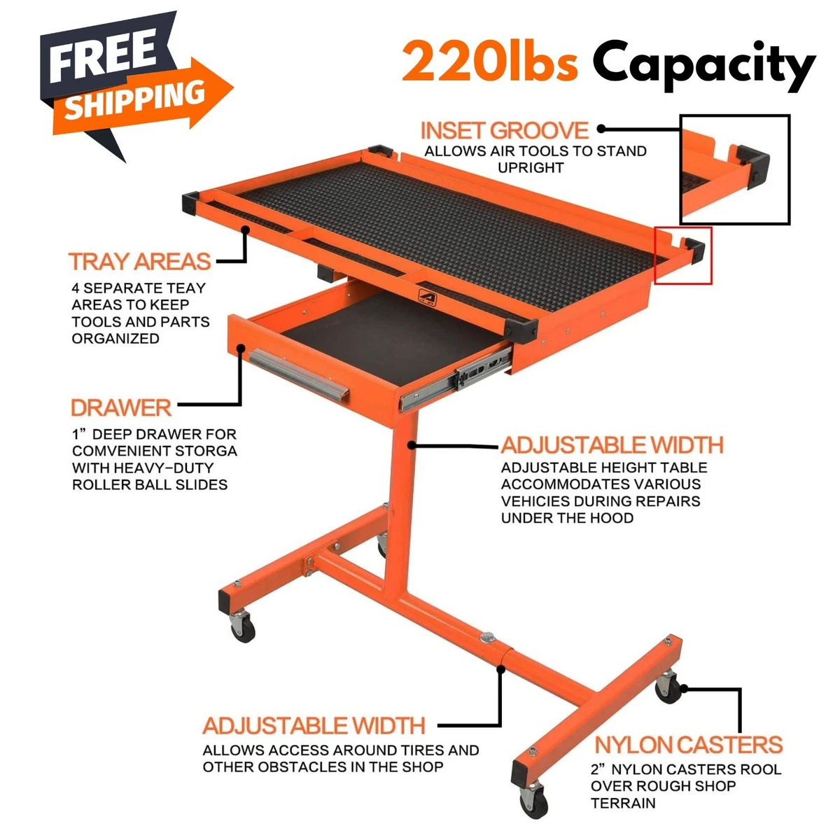 Height Adjustable Work Table w Drawer Rolling Tool Tray for