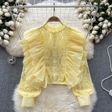 Ladies Lace Sheer Blouse Crop Top Pullover Ruffle Trim Puff Sleeve Casual Party