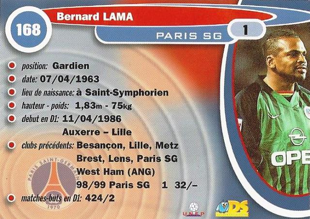 Carte Collection Bernard Lama PSG #168 – DS Collection Foot 2000, Non Collée