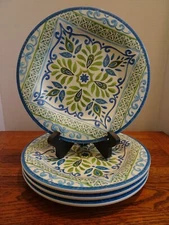 4 Melamine Plates Thick Textured Blue/Green Medallion Heavy Indoor/Outdoor 