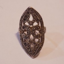 Sterling Silver HAN 925 Size 8 Ornate Open Cut Filigree Marcasite Ring 78 
