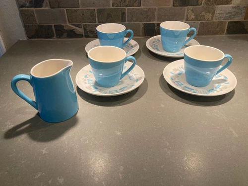 4 Royal China  Blue Heaven Atomic Coffee Cups Saucers Creamer  CLEAN