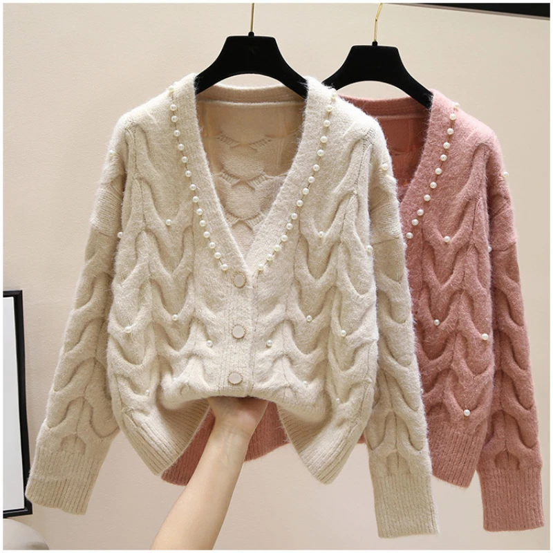 Ladies Knitted Cardigan Sweater Jumper Beaded Sweet Jacket Coat Casual Warm Chic