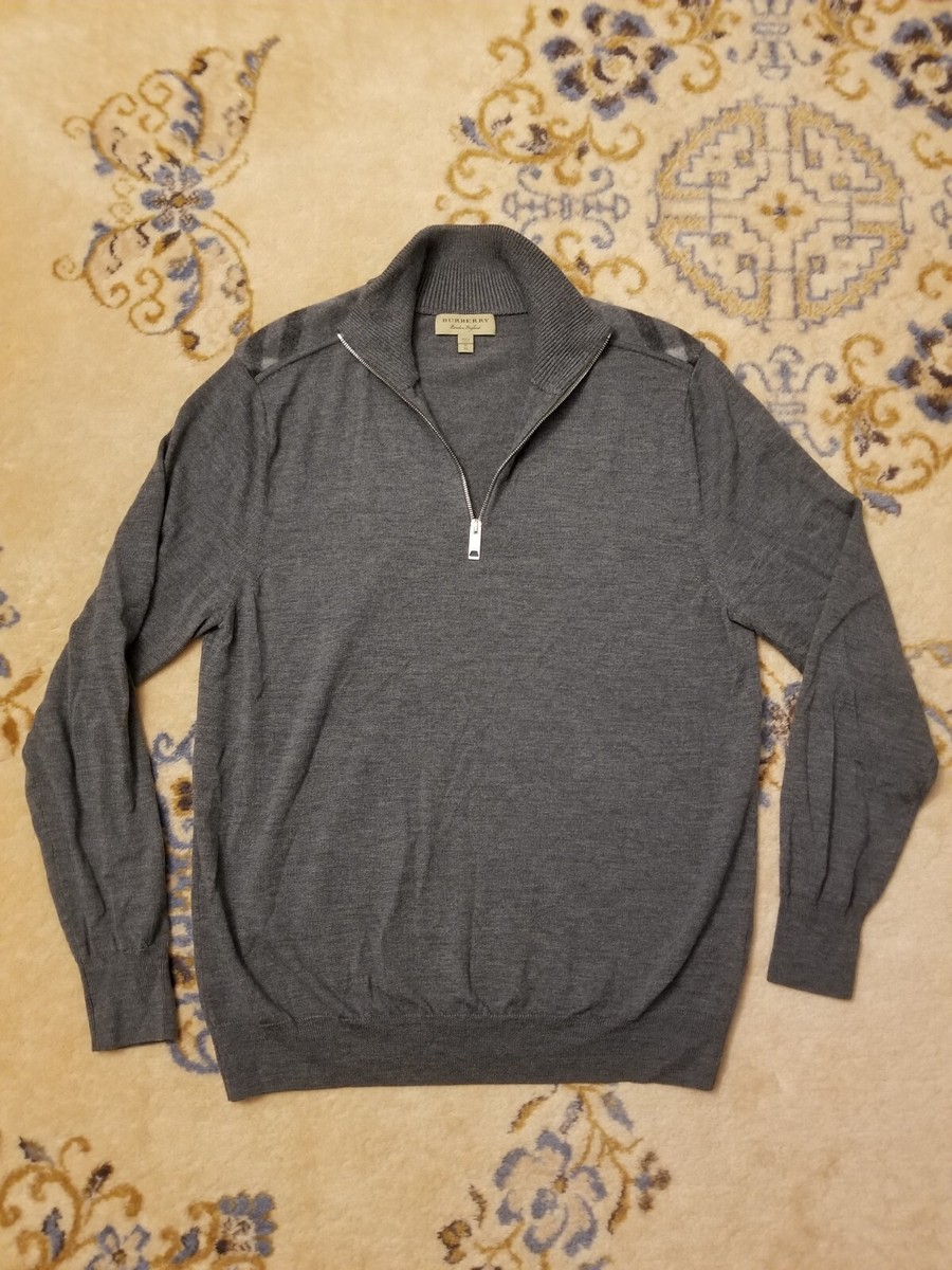 Burberry Sweater Men XL Extra Fine Merino Wool 1/4 Zip Grey Nova