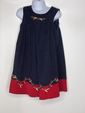 Vtg Samara Girls Blue Polka Dot Corduroy Floral Embroidered Jumper Dress Sz 5