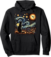 Halloween Van Gogh Starry Night Black Cat Pumpkins Unisex Hooded Sweatshirt