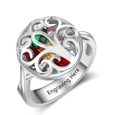 925 Sterling Silver Family Tree Mothers Day Ring 9 Birthstones + Inner Engraving