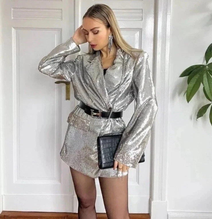 ZARA SILVER SEQUINNED SHOULDER PADS BLAZER JACKET SIZE S Ref 0021/102 - Image 2 of 4