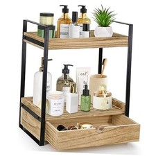 2-Tier Bathroom Organizer Countertop with Drawer, Wood Counter Shelf for Brown