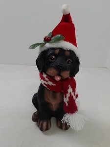Christmas Rottweiler 8" Resin Dog Figurine Santa Hat Scarf Holiday Decor Statue