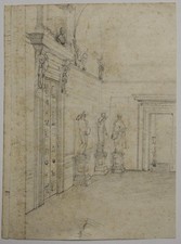 drawing DISEGNO BOZZETTO  Matita su Carta " Stanza con Statue "  1700 due pagine